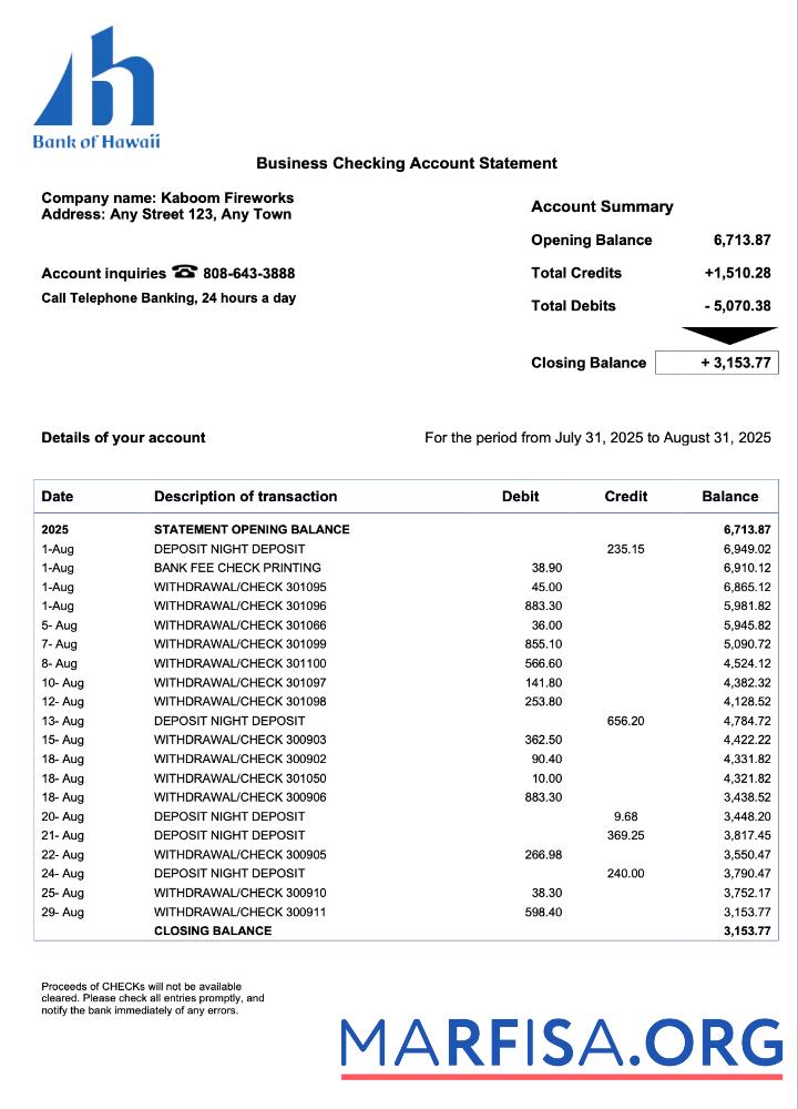 Blank Samoa Bank of Hawaii business account statement Word and PDF template